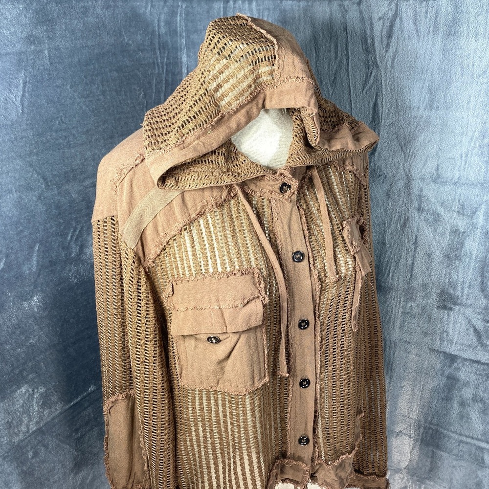 Bar x Pol Hoodie Jacket Medium Raw Hem Edge Open Knit Crochet Boho Mesh Festival - Picture 2 of 9